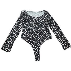 PINK Victoria’s Secret Dark Floral Bodysuit Long Sleeve Black Pink Women’s M